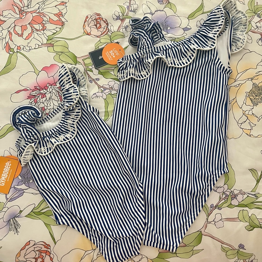 Gymboree Navy and White Striped Kids Swim One Piece